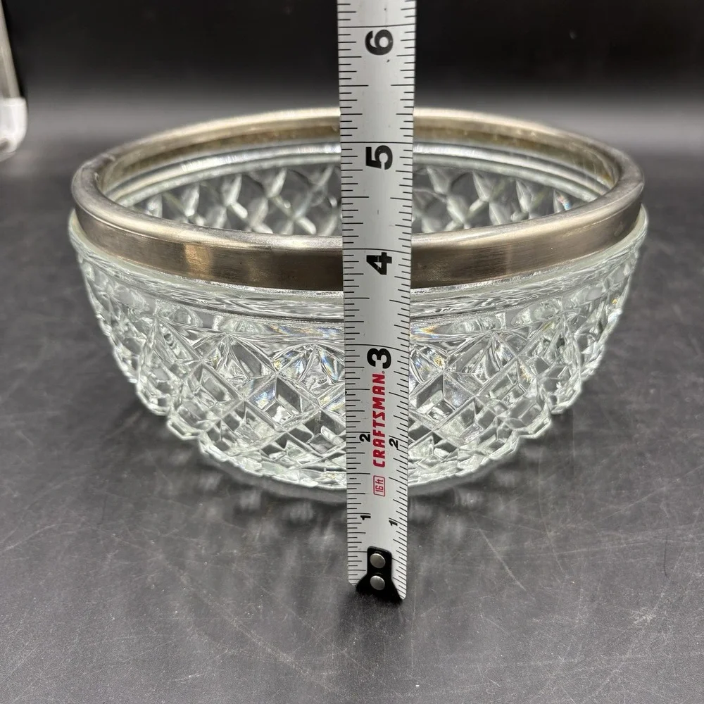 Vintage Crystal Heavy Cut Glass Serving Bowl with Silver Rim-Made in England